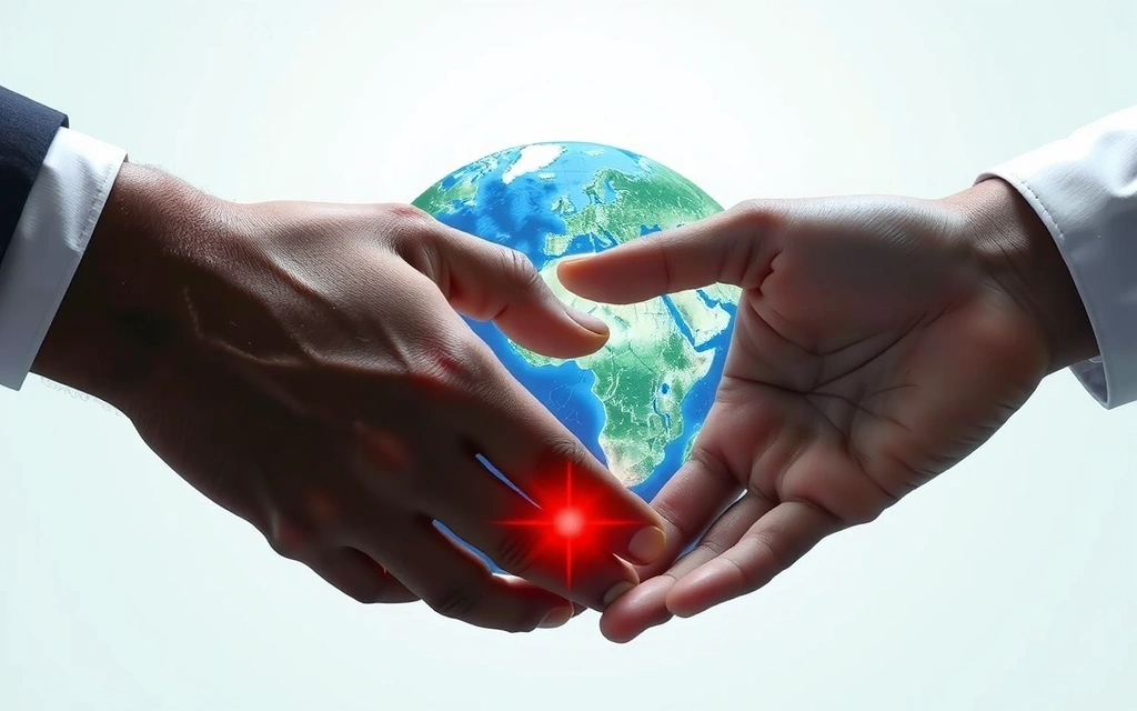 Due mani che si stringono virtualmente sopra un globo terrestre, simboleggiando la collaborazione e la condivisione sicura dei dati a livello globale.